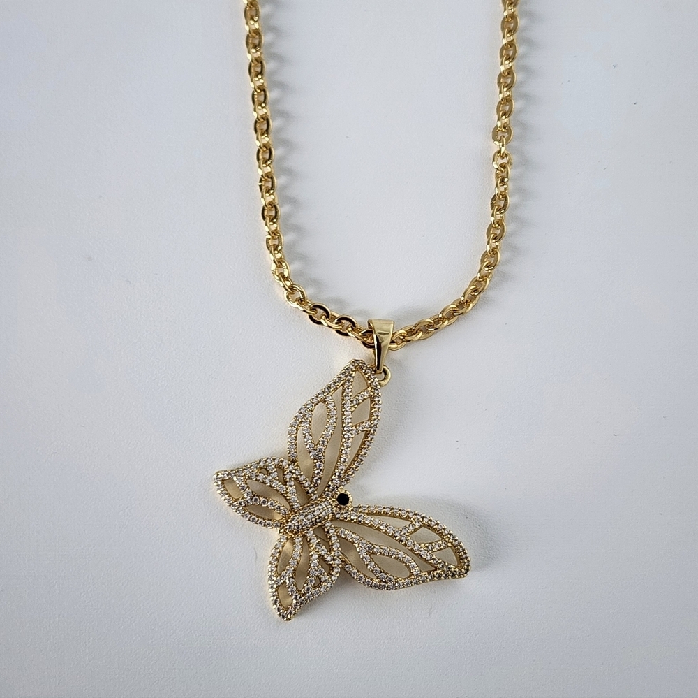 Gold Plated Butterfly Necklace Chain CZ Pendant Elegant Dainty - Picture 3 of 5